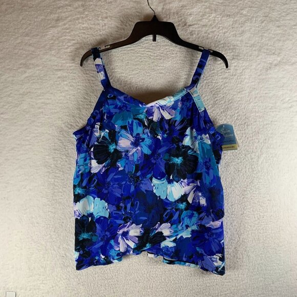 Swim Solutions High-Neck Tankini Top Women's 16W Blue‎ Floral Underwire Swimwear - Picture 1 of 8